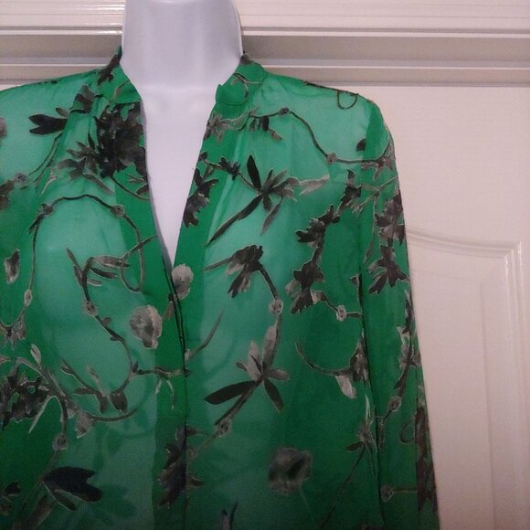 Alice & Olivia Burnout Velvet L-Sleeve Kelly Green/Grey Whimsy Sheer Blouse XS - Picture 5 of 13